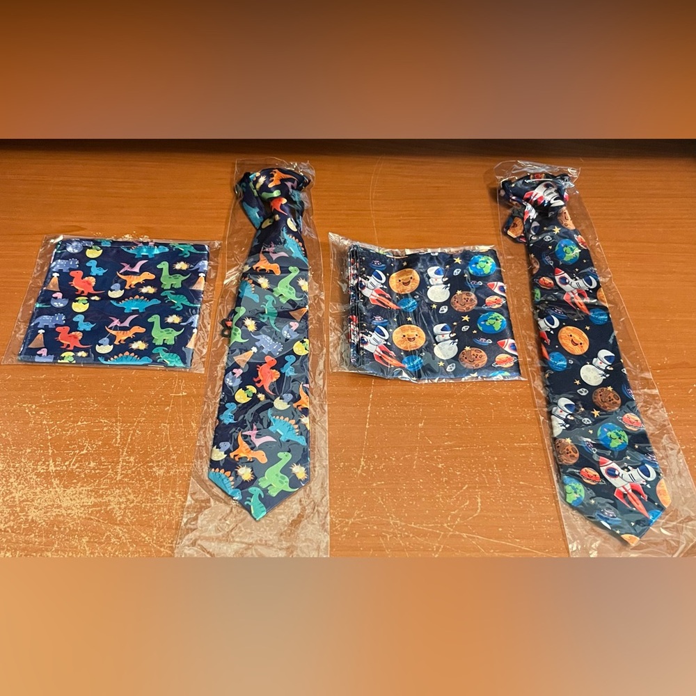 Kids Dinosaur and Space Print Tie and Pocket Square Set
